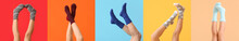 Legs Of Young Woman In Socks On Color Background