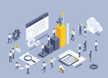 Isometric Vector Illustration On A Gray Background, A Man In A Business Suit With A Flag Stands On The Highest Column Of The Chart And Other People Working In Team On Work Tasks, Achieve Result