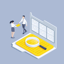 Isometric Vector Illustration On Gray Background, Folder With Archive Shelves And Magnifying Glass, Woman Hands Over Document To A Man In Business Clothes, Archival Document
