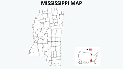 Poster - Mississippi Map. State and district map of Mississippi. Political map of Mississippi with outline and black and white design.