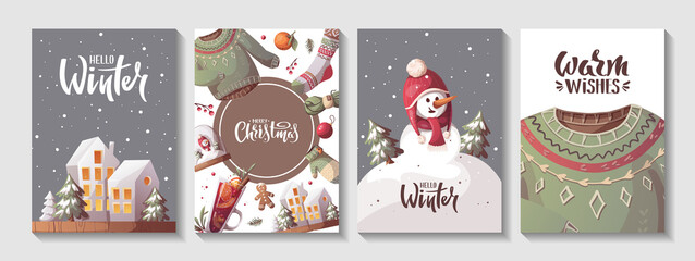 Card set for Merry Christmas and New Year. Snowman, houses, mulled wine, knitted clothes. Cozy winter, home comfort, holidays concept. Vector illustration for poster, banner, card, postcard, cover.