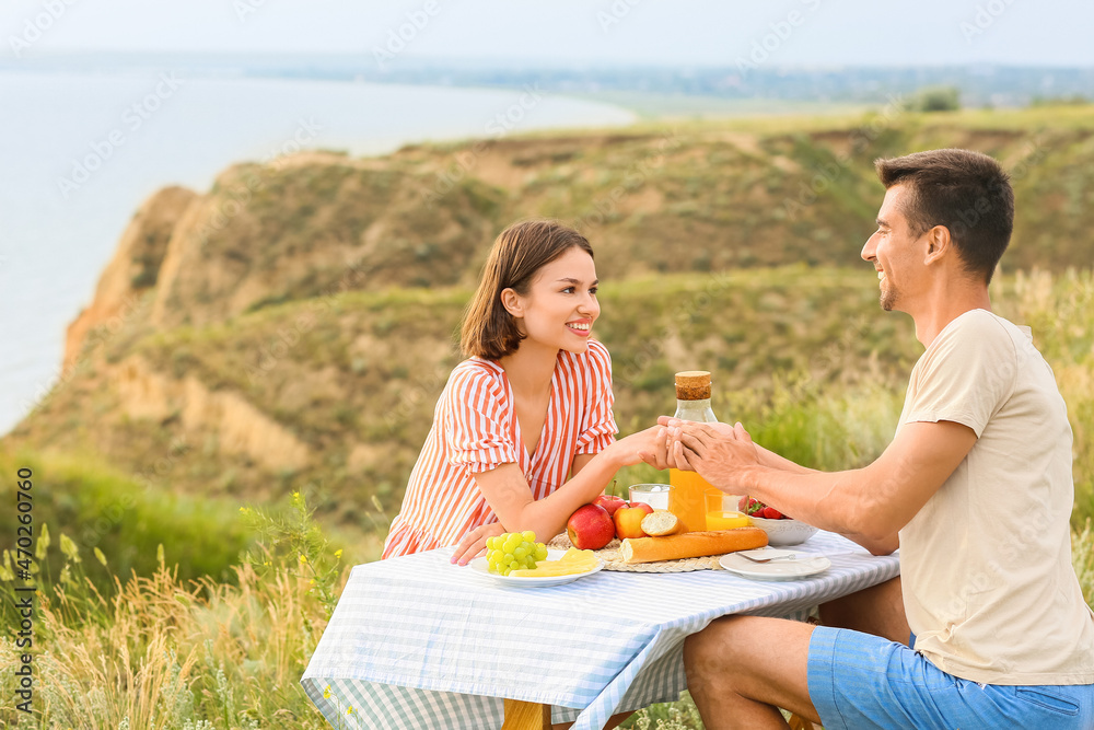 Happy young couple having romantic picnic in mountains