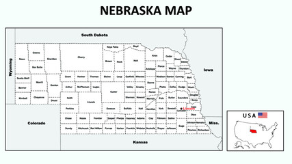 Sticker - Nebraska Map. Political map of Nebraska with boundaries in white color.