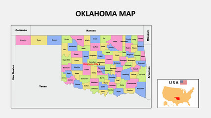  Oklahoma Map. State and district map of Oklahoma. Political map of Oklahoma with neighboring countries and borders.