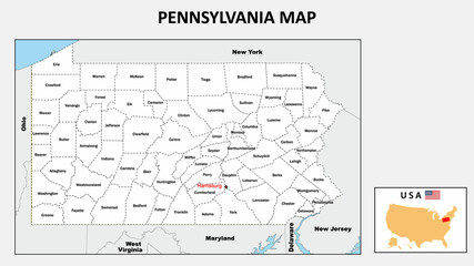 Poster - Pennsylvania Map. Political map of Pennsylvania with boundaries in white color.