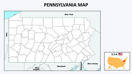 Wall Mural - Pennsylvania Map. Political map of Pennsylvania with boundaries in Outline.