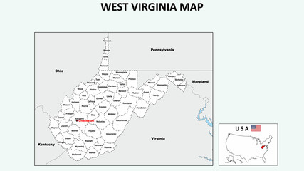  West Virginia Map. Political map of West Virginia with boundaries in white color.