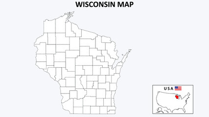  Wisconsin Map. State and district map of Wisconsin. Political map of Wisconsin with outline and black and white design.