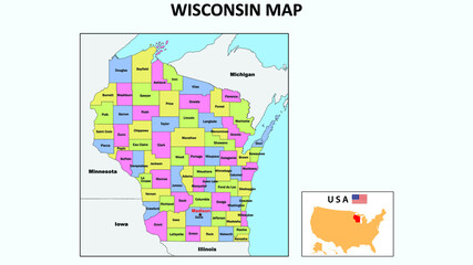 Sticker - Wisconsin Map. State and district map of Wisconsin. Political map of Wisconsin with neighboring countries and borders.