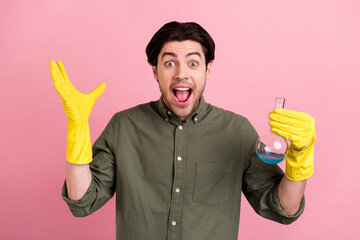 Poster - Photo of crazy amazed scientist guy hold flask open mouth wear gloves khaki shirt isolated pink color background