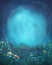 Beautiful Blue Fantasy Backdrop. Magical Moonlit Field With Pixie Dust, Flowers, Soft Grass And Toadstools. 3d Illustration