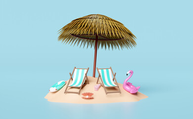 summer travel with beach chair,palm leaf,umbrella,lifebuoy,Inflatable flamingo isolated on blue background.shopping summer sale concept, 3d illustration or 3d render