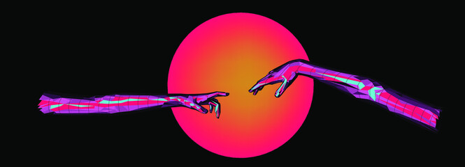 Aufkleber - Vector 3D model of hands going to touch together, reminiscent of Michelangelo's artwork. Cyberpunk and vaporwave style art collage.