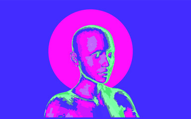 Poster - Sci-fi synthwave 80's style illustration of a 3D low poly model of a human head. Concept for Machine Learning, Artificial intelligence and Robotics themes.