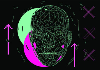 Poster - Low polygonal 3D wireframe mesh of a human head. Concept illustration for Machine Learning, Artificial intelligence and Neural Network themes.