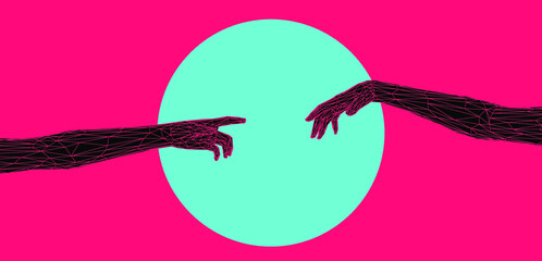 Aufkleber - Vector 3D model of hands going to touch together, reminiscent of Michelangelo's artwork. Cyberpunk and vaporwave style art collage.
