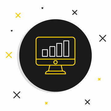Line Computer monitor with graph chart icon isolated on white background. Report text file. Accounting sign. Audit, analysis, planning. Colorful outline concept. Vector
