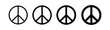 A set of peace signs of different thicknesses. Peace symbols, peace pictograms isolated on white background. International symbol of the antiwar movement of the disarmament of the world, vector.