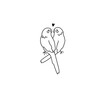 Vector isolated cute cartoon pair of lovesick parrots line drawing. Two lovebirds parrots in love contour doodle drawing