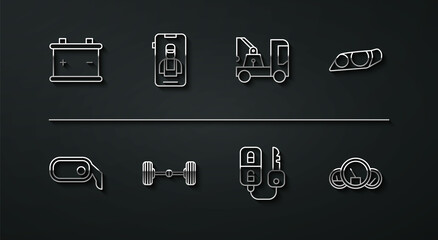 Poster - Set line Car battery, rearview mirror, headlight, key with remote, Chassis car, Online services, Speedometer and Tow truck icon. Vector