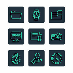 Sticker - Set line Time is money, Hand for search a people, Clock, Document folder, Certificate template, Location with text work, and Movie, film, media projector icon. Vector