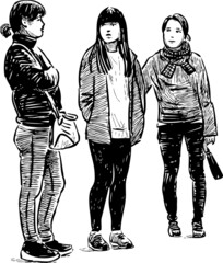 Sticker - Sketch of three modern students girls standing outdoors and talking