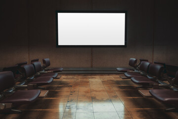 Wall Mural - An empty white plasma tv template in a waiting room of a modern airport terminal; a mockup of a blank rectangular indoor billboard in an interior of a waiting hall of a railroad station depot