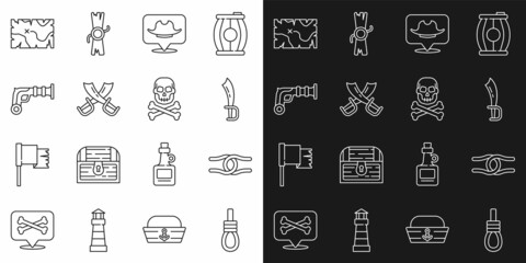 Sticker - Set line Gallows rope loop hanging, Rope tied knot, Pirate sword, Location pirate, Crossed swords, Vintage pistols, treasure map and Skull crossbones icon. Vector