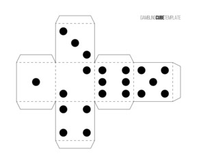 Cube for gambling paper template. Casino craps and playing games vector illustration. Poker cube cutout black and white blueprint, numbers with dots isolated on white background