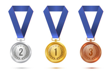 Wall Mural - golden, silver and bronze blank medals hanging on blue ribbons isolated on white background. vector 