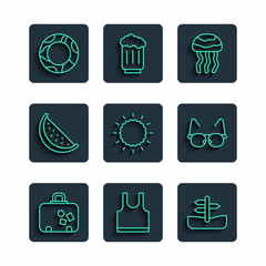 Wall Mural - Set line Suitcase, Sleeveless T-shirt, Road traffic sign, Jellyfish, Sun, Watermelon, Rubber swimming ring and Glasses icon. Vector