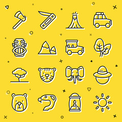 Sticker - Set line Sun, Camping hat, Tropical leaves, Volcano eruption, Mountains, Mexican mayan or aztec mask, Wooden axe and Safari car icon. Vector