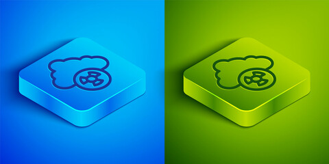 Sticker - Isometric line Acid rain and radioactive cloud icon isolated on blue and green background. Effects of toxic air pollution on the environment. Square button. Vector