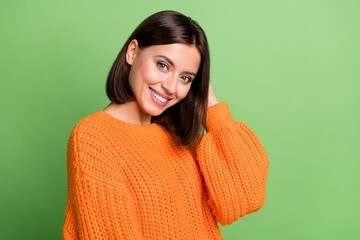 Canvas Print - Portrait of attractive cheerful brown-haired girl posing enjoying isolated over bright green color background