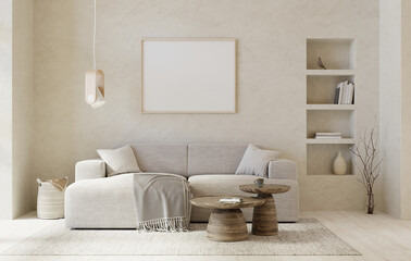 Poster - Warm, beige colors interior with sofa, round coffee tables and picture mockup. 3D render. 3D illustration. 
