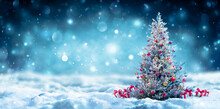 Christmas Tree With Gift On Snow At Night - Snowy Abstract Landscape