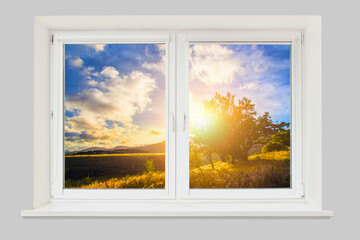 Window view of a beautiful mountain landscape with trees