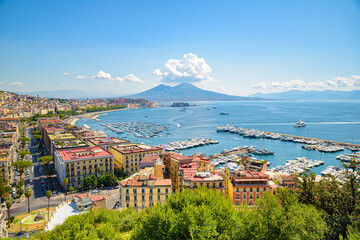 Wall Mural - Naples, Italy. August 31, 2021. View of the Gulf of Naples from the Posillipo hill with Mount Vesuvius far in the background.