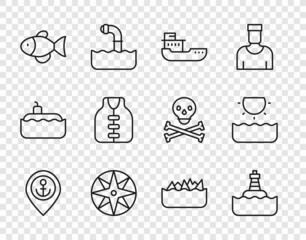 Sticker - Set line Location with anchor, Floating buoy, Cargo ship, Wind rose, Fish, Life jacket, Sharp stone reefs and Sun icon. Vector