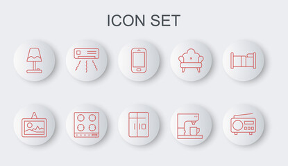 Sticker - Set line Radio, Picture, Mobile phone, Coffee machine, Table lamp, Air conditioner, Gas stove and Refrigerator icon. Vector