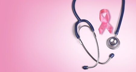 Sticker - Pink ribbon and stethoscope on pastel background, Symbol of womens breast cancer