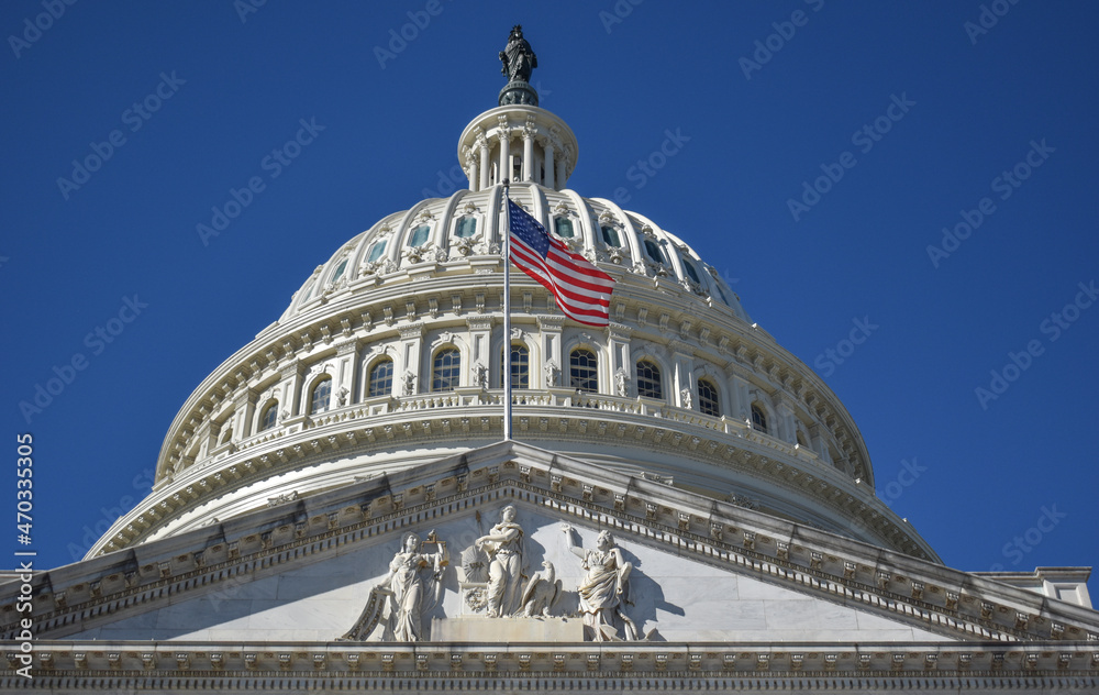 Washington, DC, USA - November 1, 2021: Looking Up at the U.S. Capitol Building from the Stairs on the  East Side on a Bright, Clear Day in Autumn 