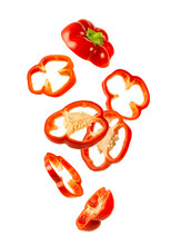 Levitation Of Red Bell Pepper Isolated On White Background.