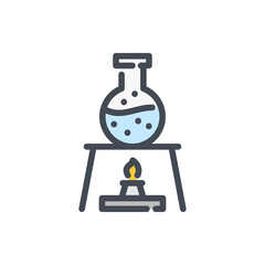 Poster - heating of round bottom flask with liquid color line icon. laboratory experiment with flask and flam
