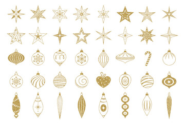 Gold Christmas decoration set. Gold glitter texture. Christmas holiday symbols, balls, stars, snowflakes on transparent background.