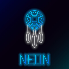 Poster - Glowing neon line Dream catcher with feathers icon isolated on black background. Colorful outline concept. Vector