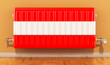Heating radiator with Austrian flag on the wall. Heating in Austria. 3D rendering