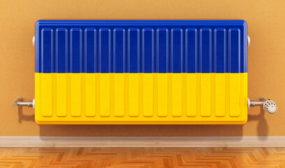 Wall Mural - Heating radiator with Ukrainian flag on the wall. Heating in Ukraine. 3D rendering