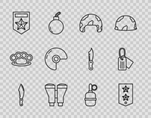 Sticker - Set line Military knife, Chevron, helmet, Binoculars, Hand grenade and dog tag icon. Vector