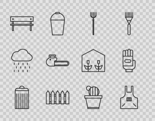 Sticker - Set line Trash can, Kitchen apron, Garden pitchfork, fence wooden, Bench, Chainsaw, Cactus and succulent pot and gloves icon. Vector